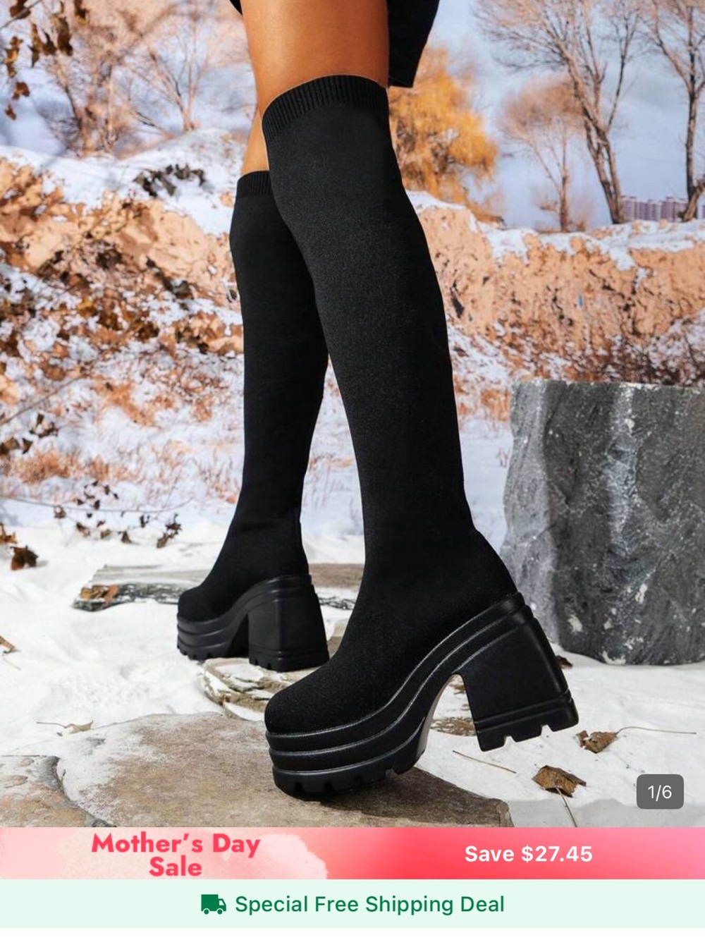 Knee-High Platform Sock Boots - Black